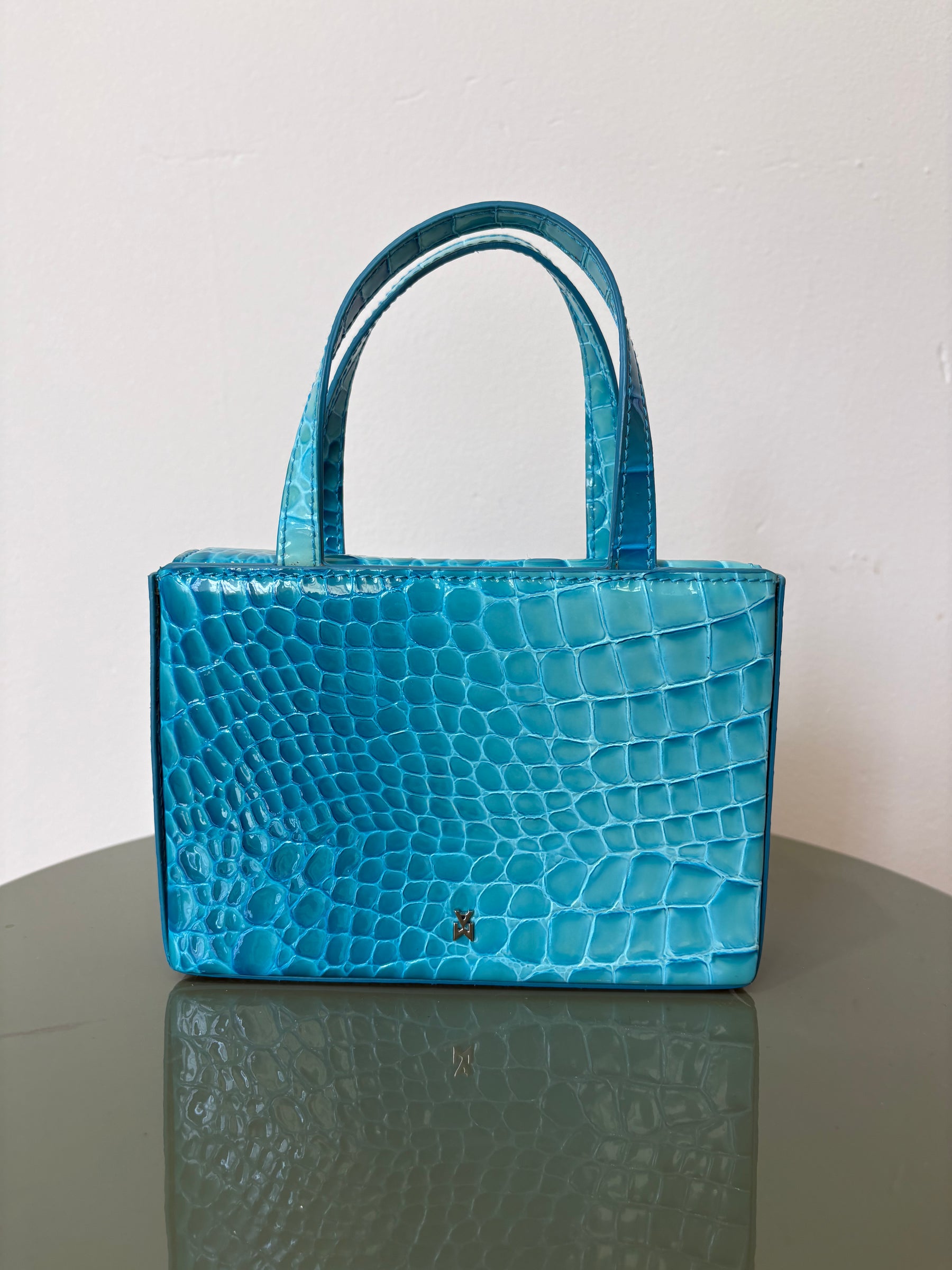 Amina Muaddi Turquoise Patent Croc Embossed Mini Box Tote