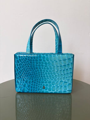 Amina Muaddi Turquoise Patent Croc Embossed Mini Box Tote