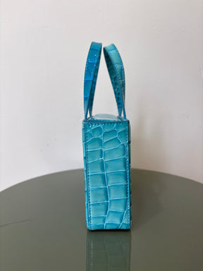 Amina Muaddi Turquoise Patent Croc Embossed Mini Box Tote