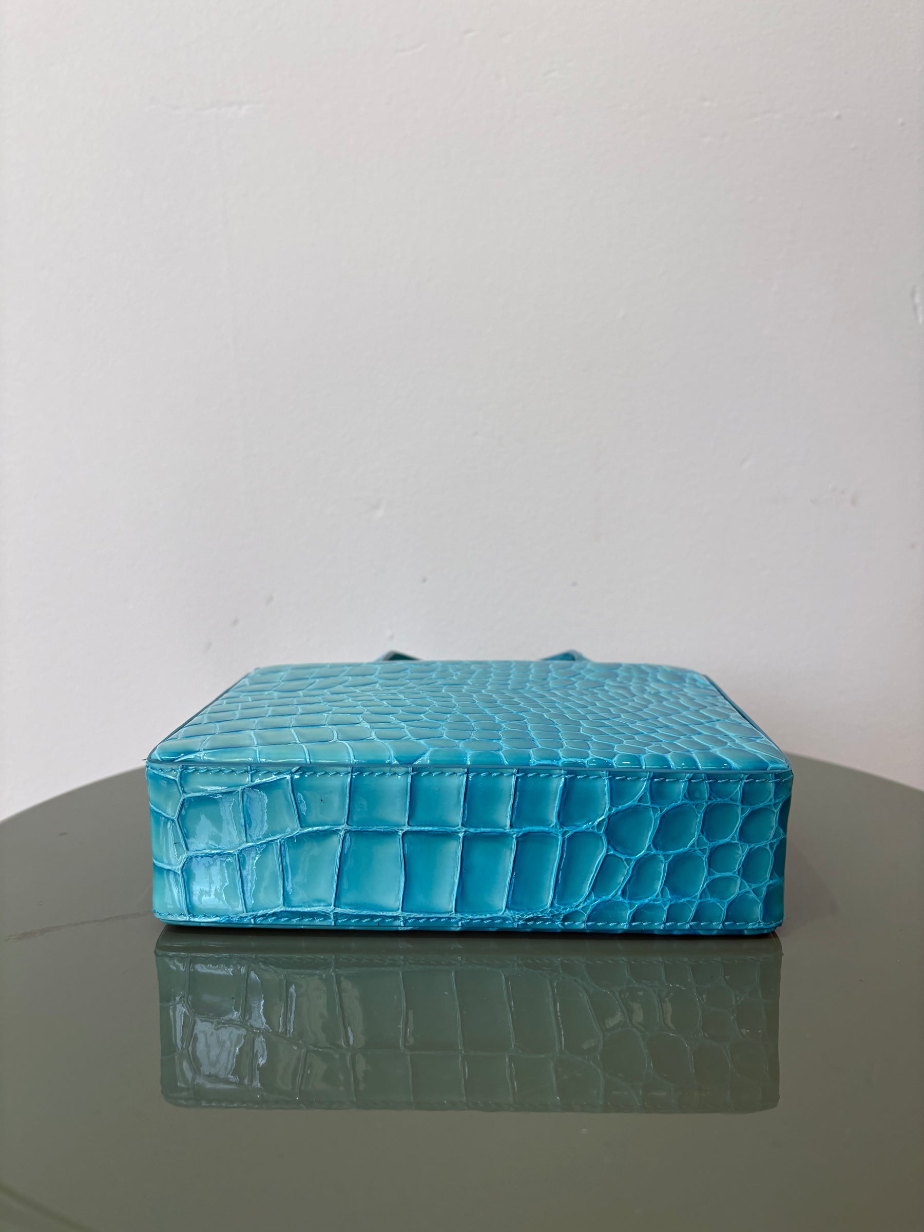 Amina Muaddi Turquoise Patent Croc Embossed Mini Box Tote
