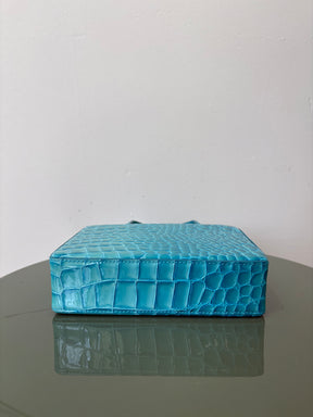 Amina Muaddi Turquoise Patent Croc Embossed Mini Box Tote