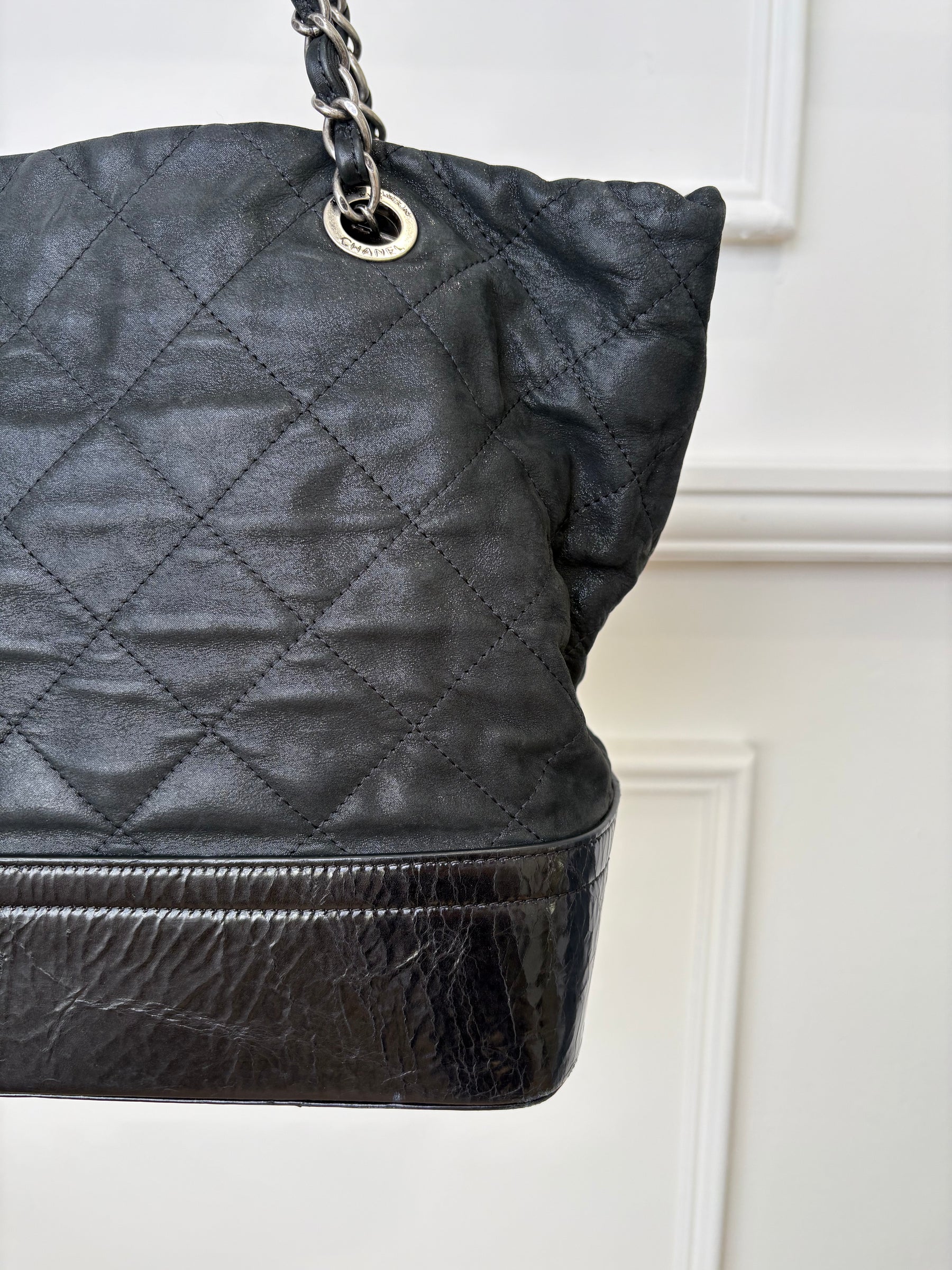 Chanel Gabrielle Large VIP Shopping Tote   Black Metalic Patent bottom