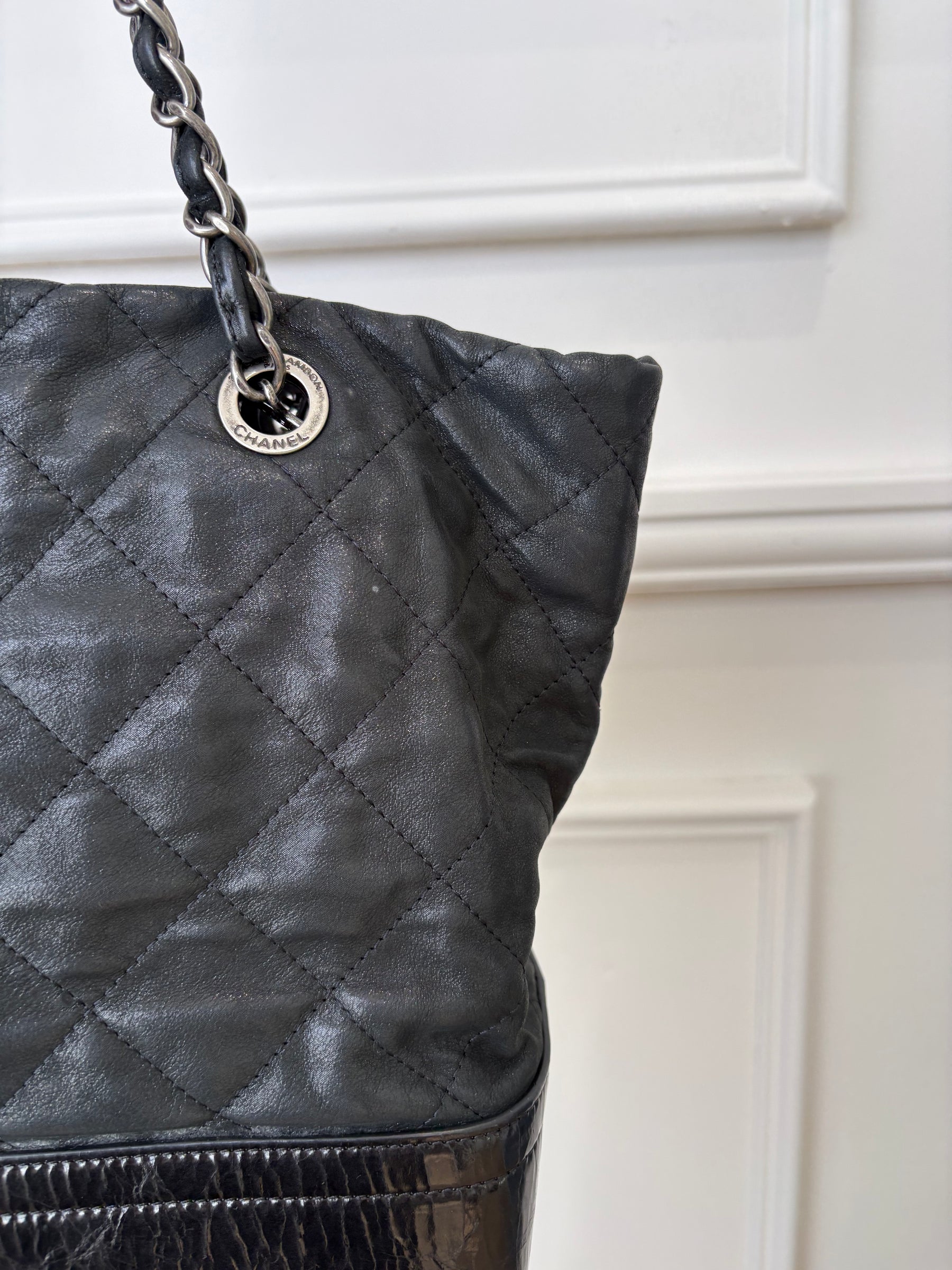 Chanel Gabrielle Large VIP Shopping Tote   Black Metalic Patent bottom