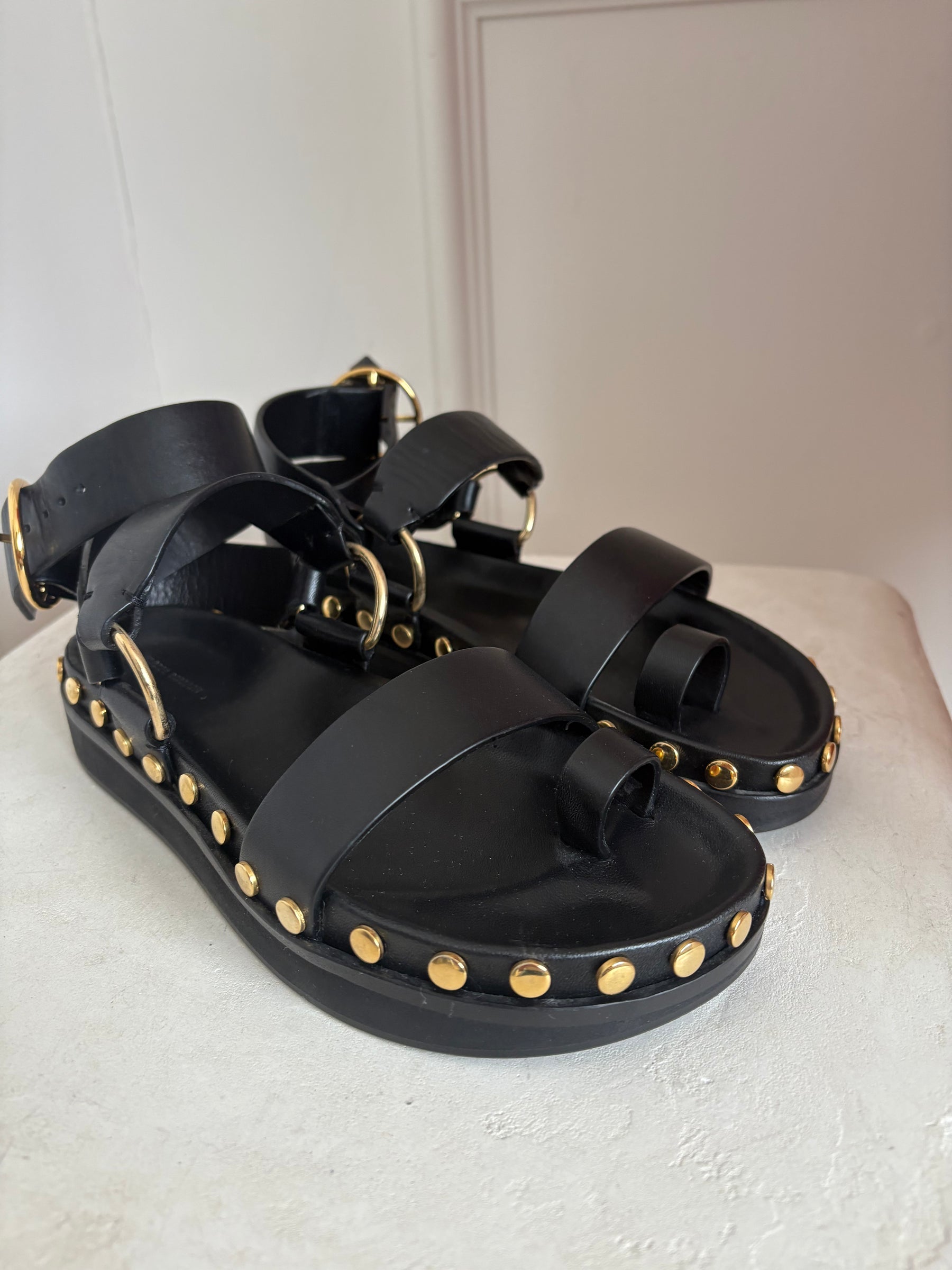 Isabel Marant Black Leather Nirvy Stud Trim Platform Sandals, 37