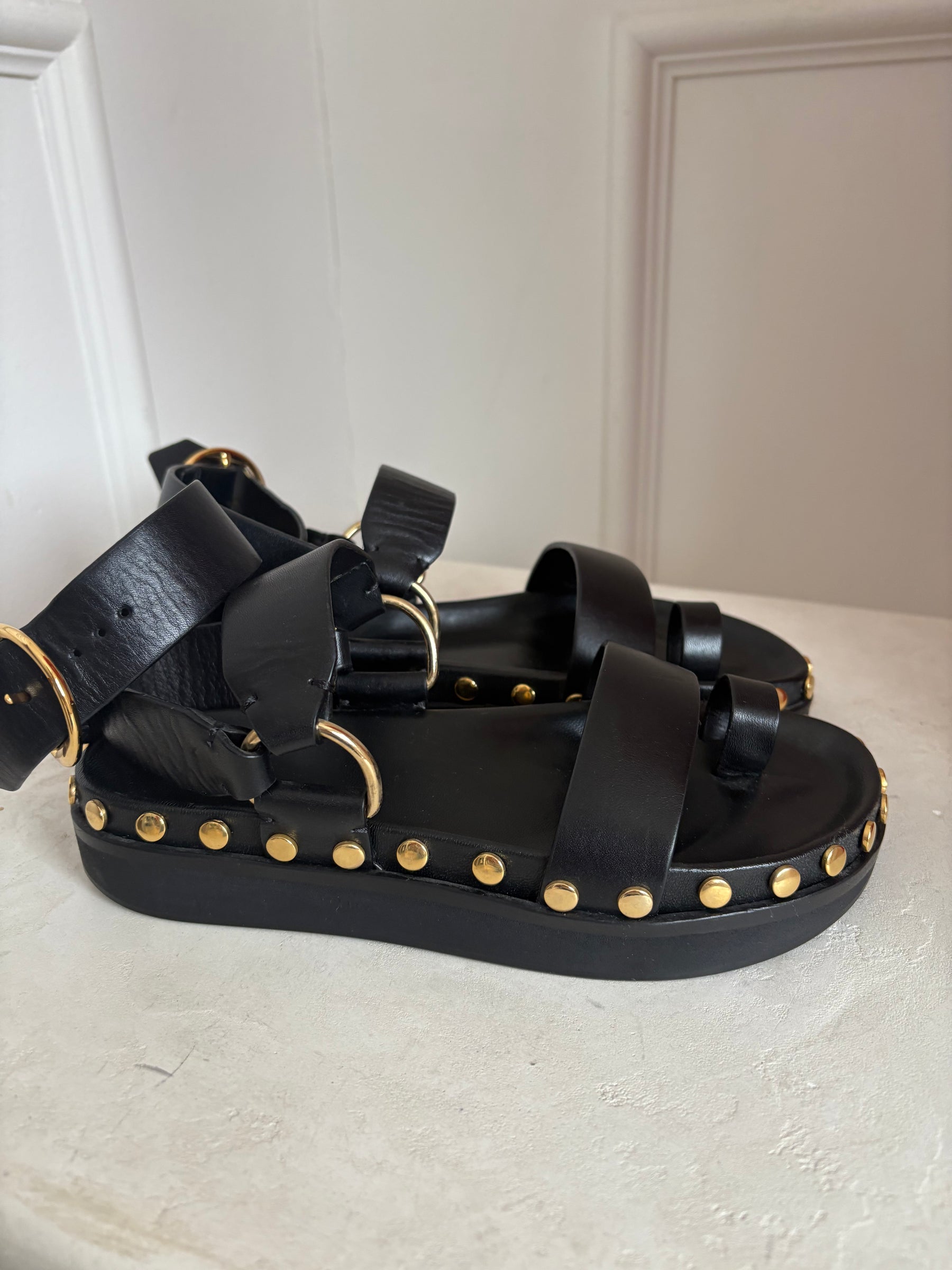 Isabel Marant Black Leather Nirvy Stud Trim Platform Sandals, 37