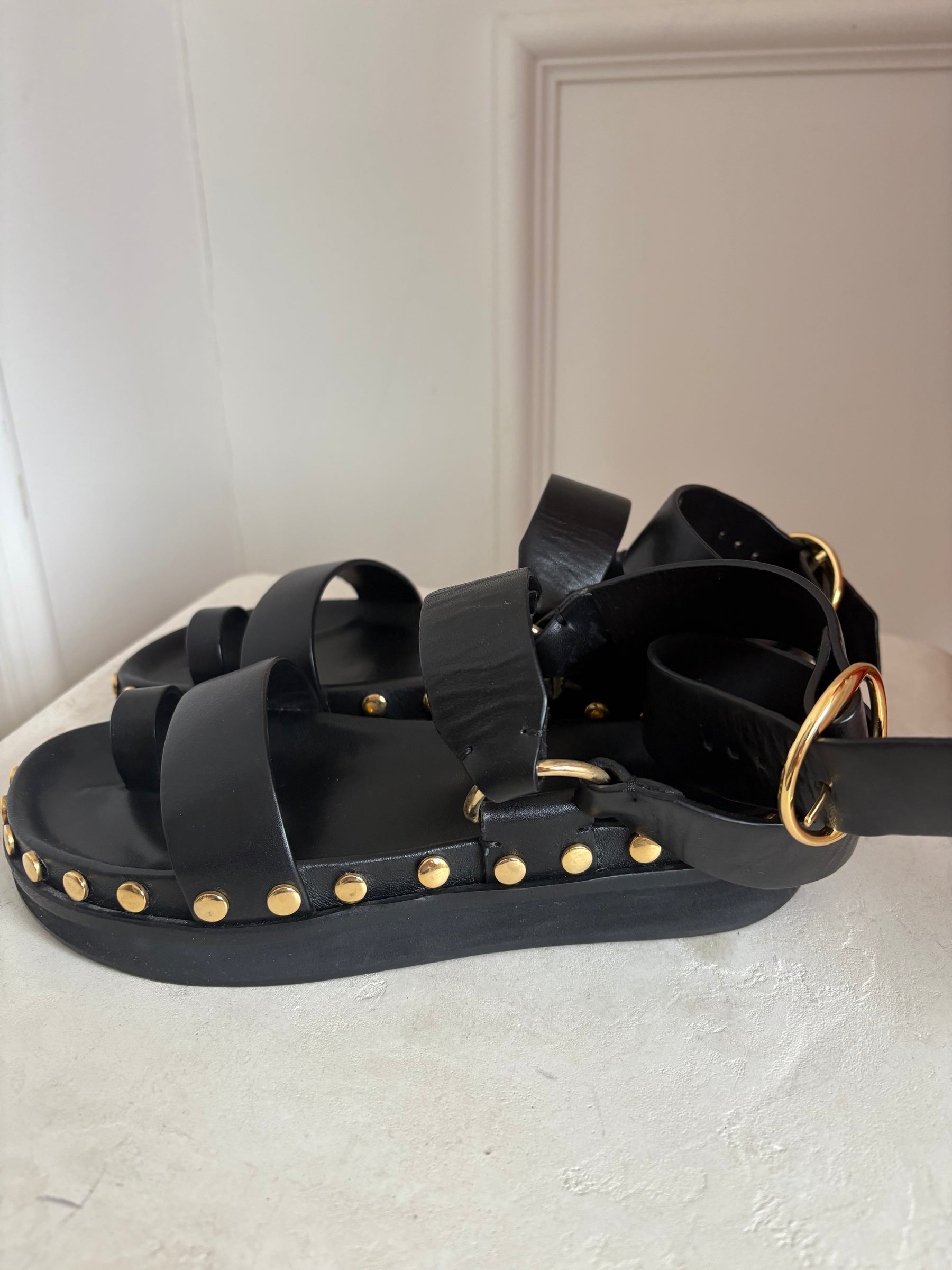 Isabel Marant Black Leather Nirvy Stud Trim Platform Sandals, 37