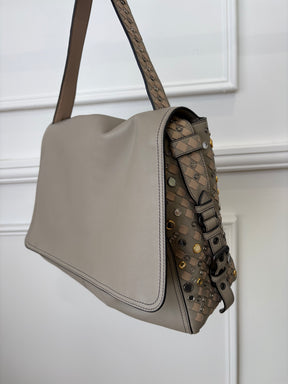 Bottega Veneta Taupe Studded Intrecciato Leather Shoulder Flap Bag