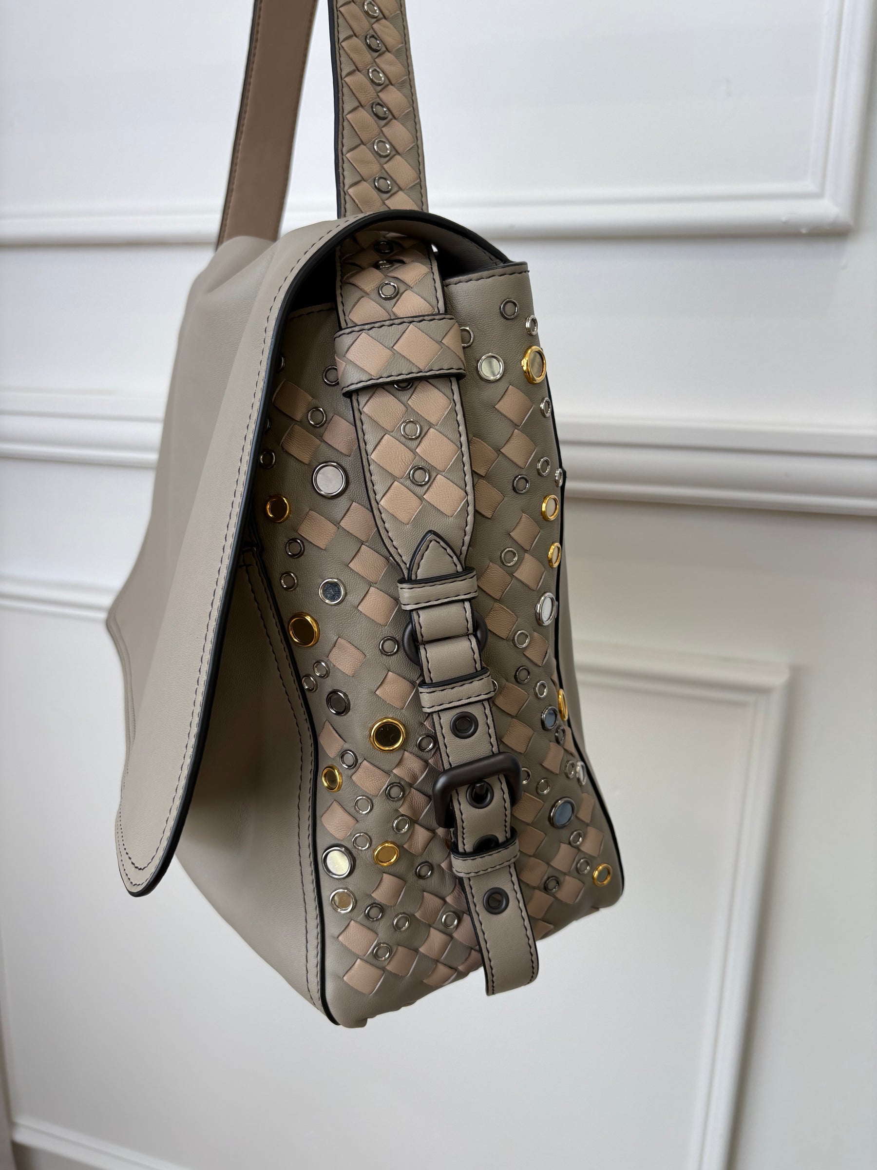 Bottega Veneta Taupe Studded Intrecciato Leather Shoulder Flap Bag