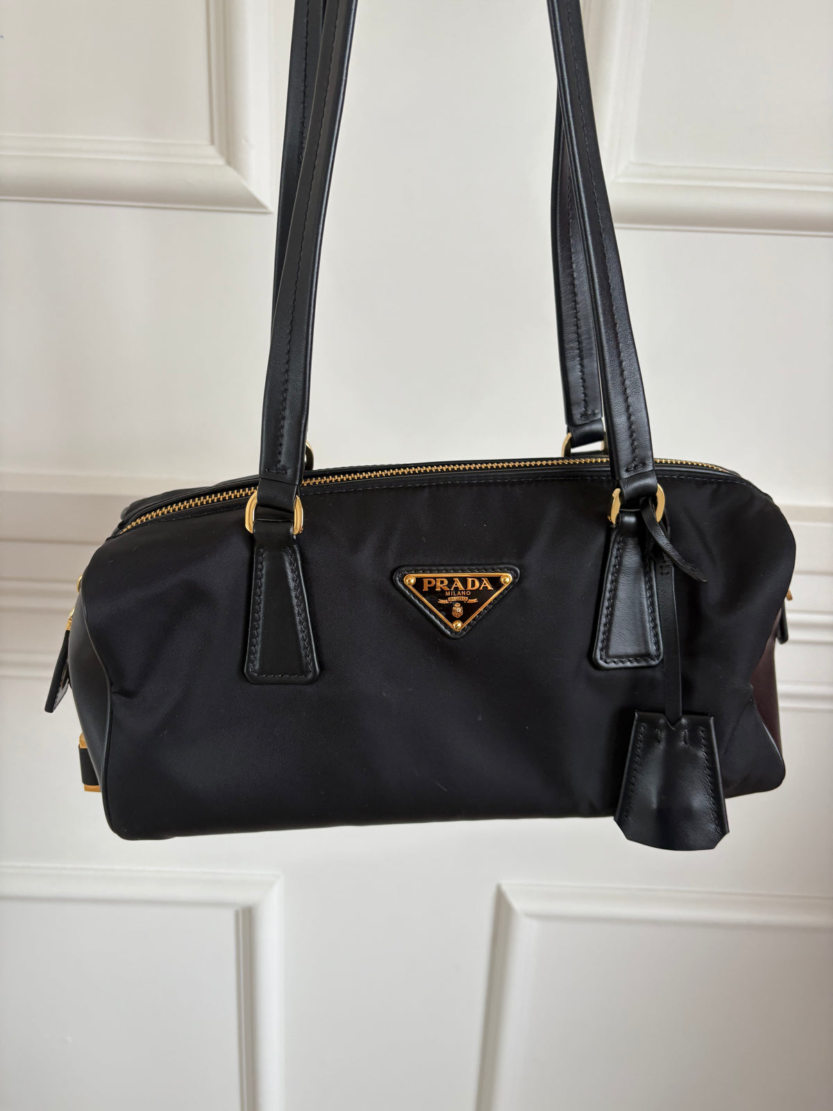 Prada Re-Nylon And Leather Small Top Handle Bag Black