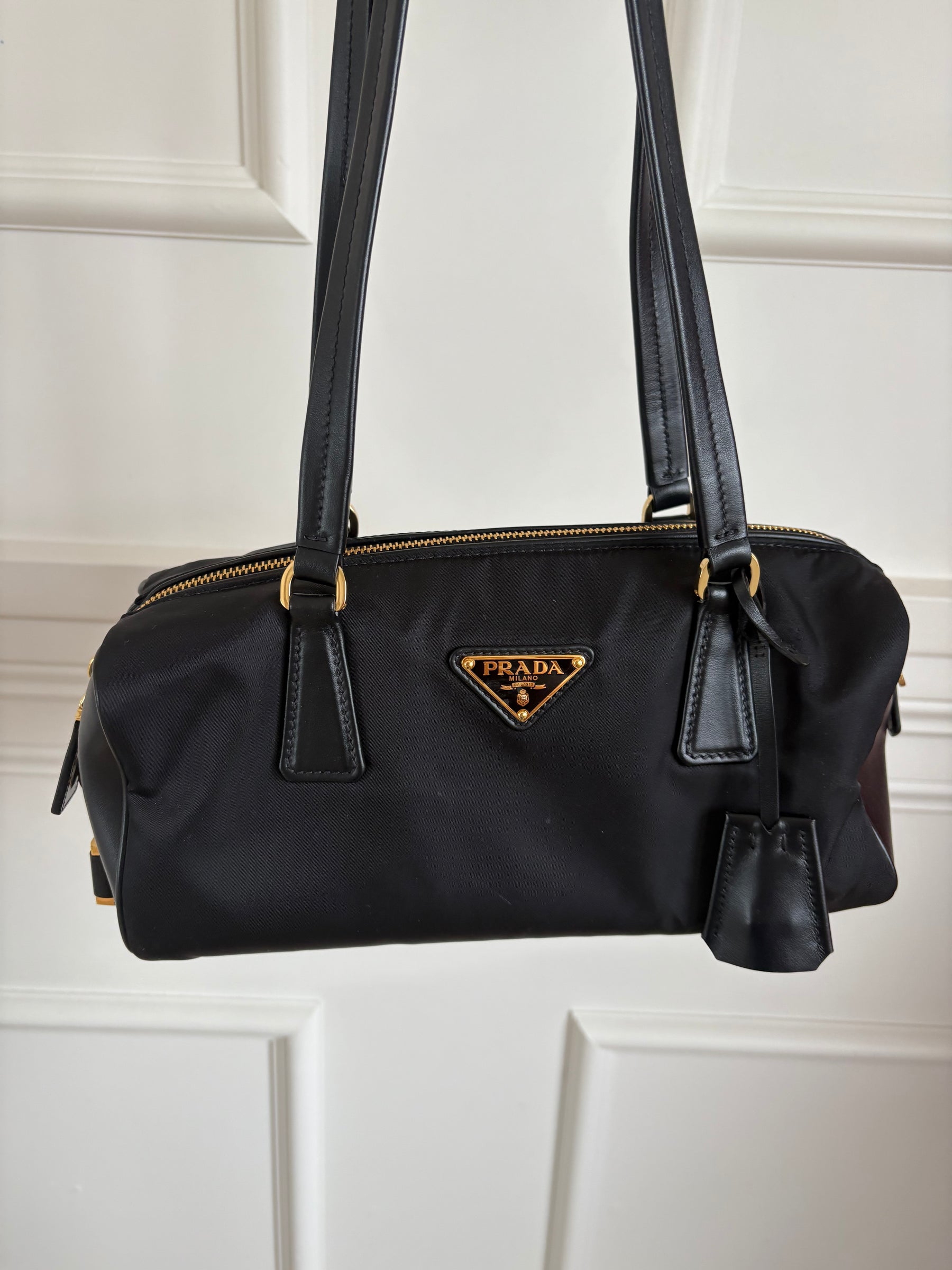 Prada Re-Nylon And Leather Small Top Handle Bag Black