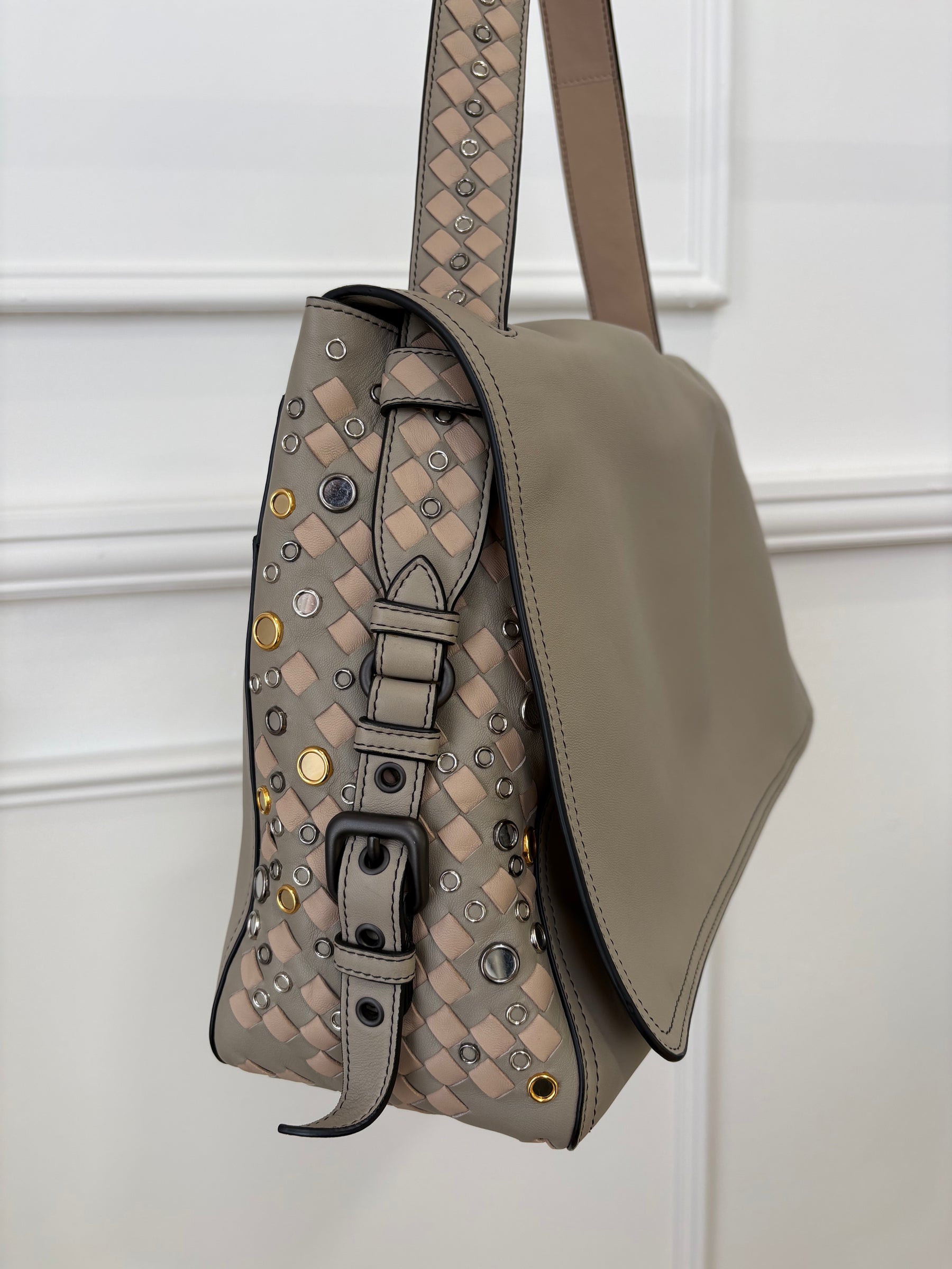 Bottega Veneta Taupe Studded Intrecciato Leather Shoulder Flap Bag
