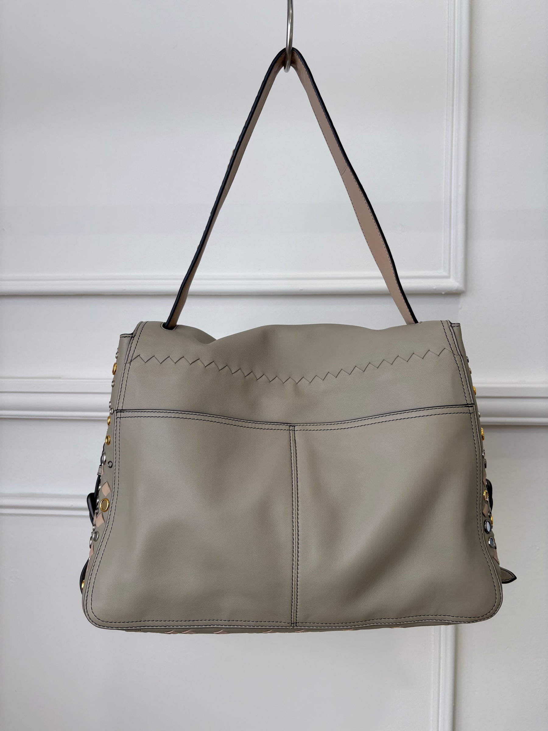 Bottega Veneta Taupe Studded Intrecciato Leather Shoulder Flap Bag