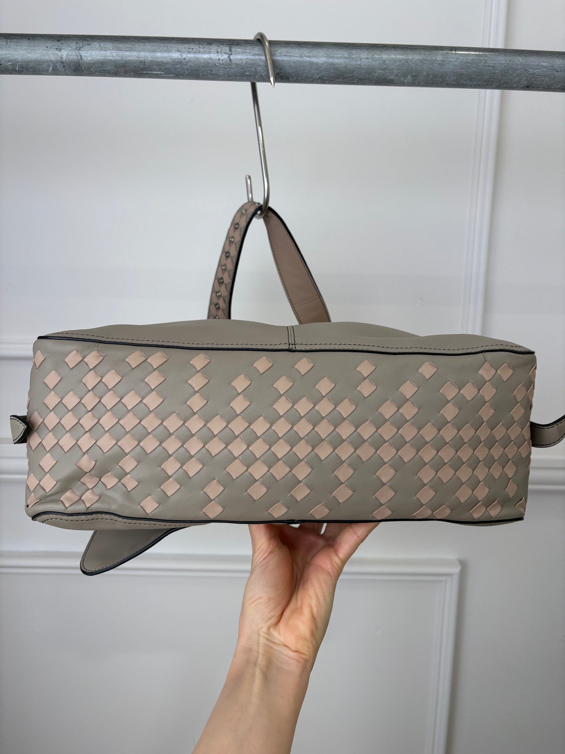 Bottega Veneta Taupe Studded Intrecciato Leather Shoulder Flap Bag
