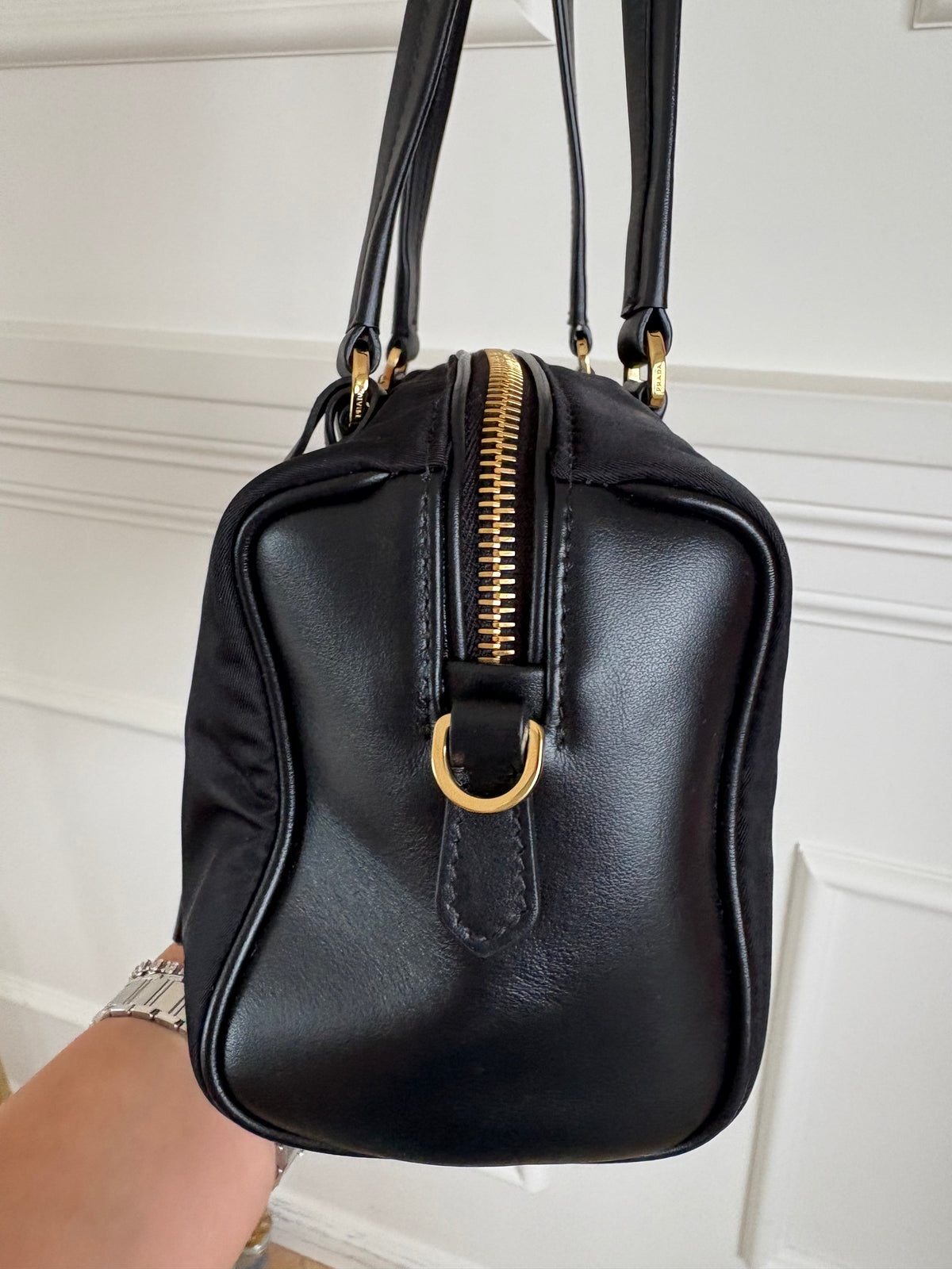 Prada Re-Nylon And Leather Small Top Handle Bag Black