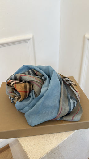 Burberry Heritage Check and Blue Silk Blend Scarf