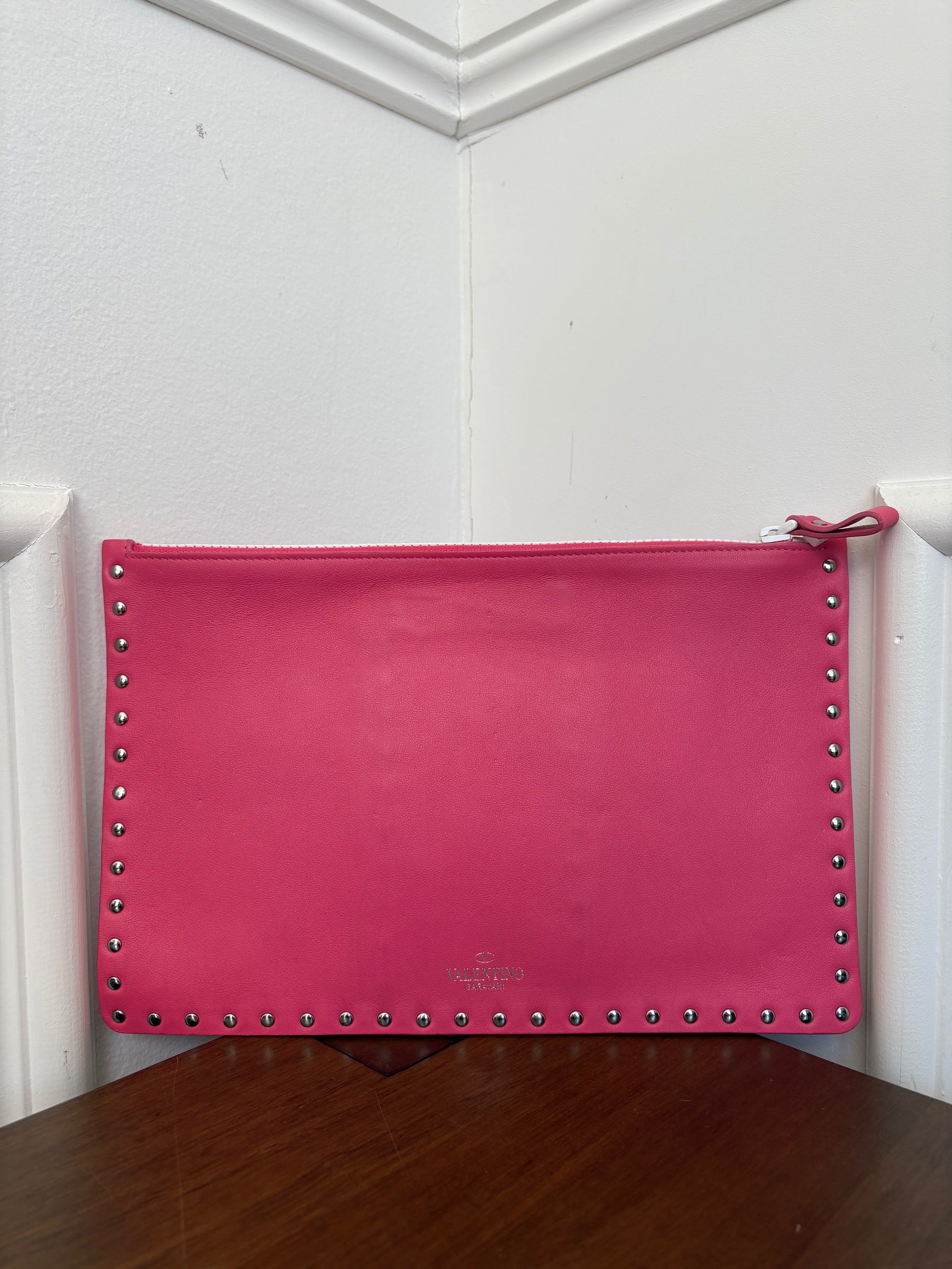 Valentino Garavani Pink and White Rockstud Zipped Pouch