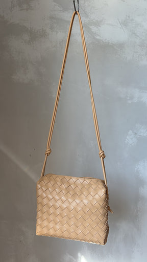 Bottega Veneta Intracciato Loop Camera Bag In Beige