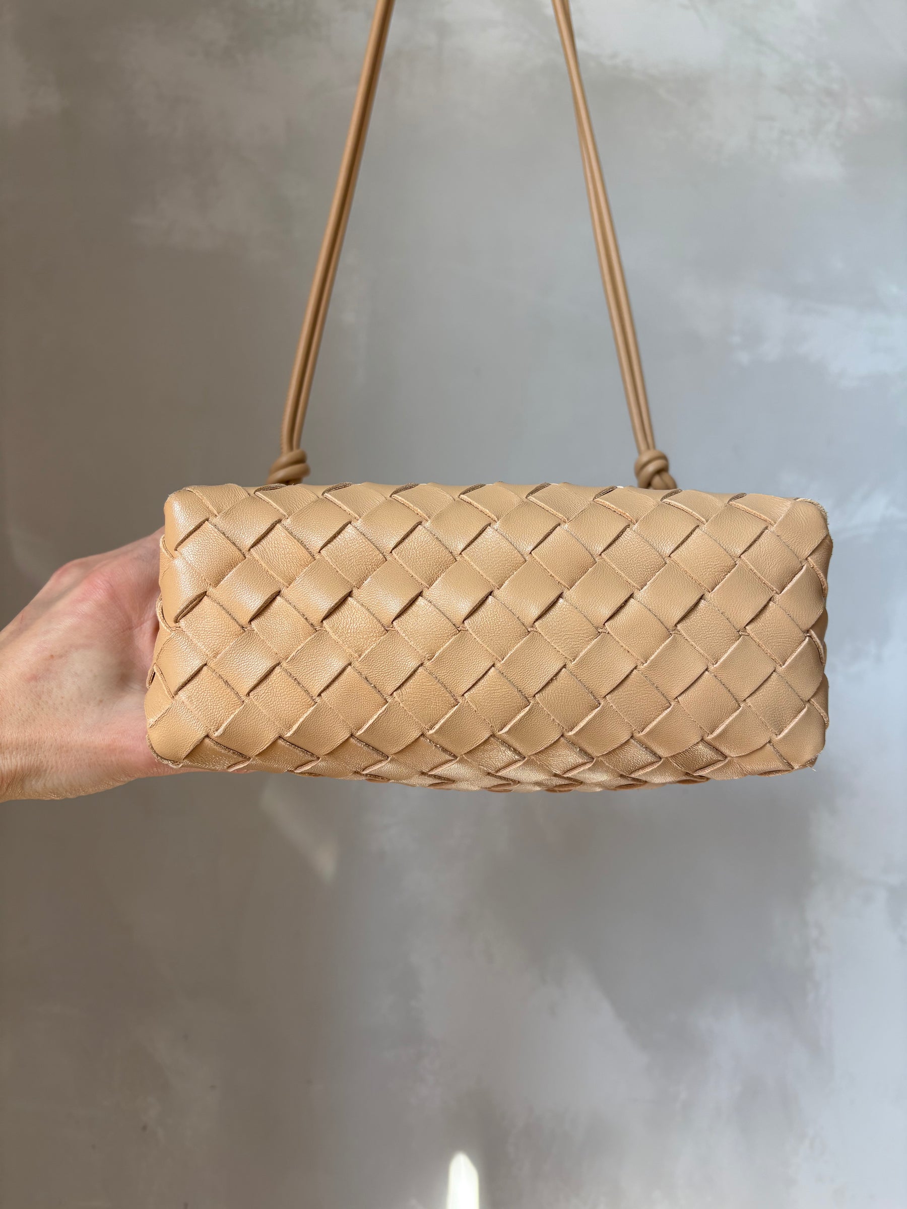 Bottega Veneta Intracciato Loop Camera Bag In Beige