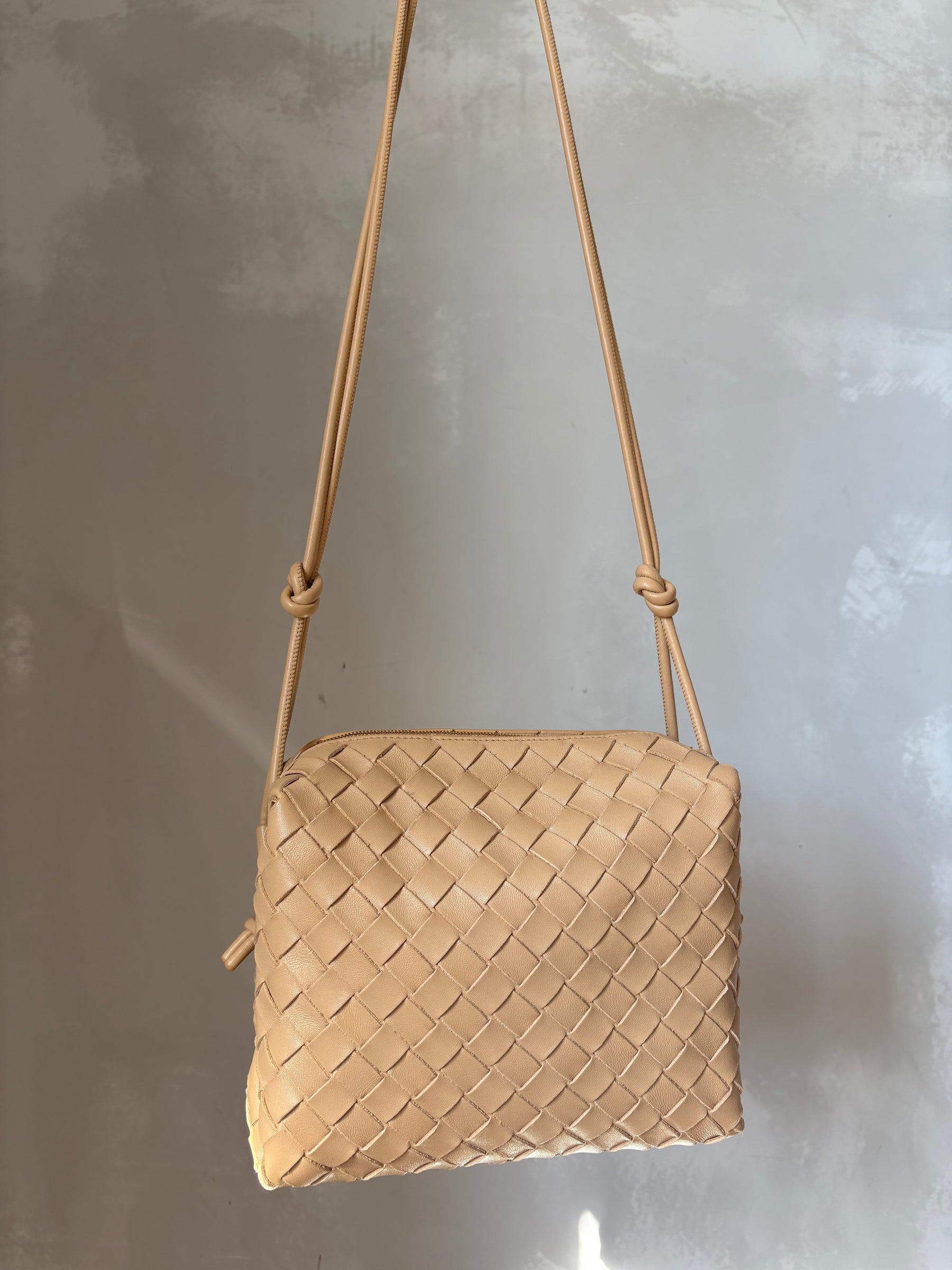 Bottega Veneta Intracciato Loop Camera Bag In Beige