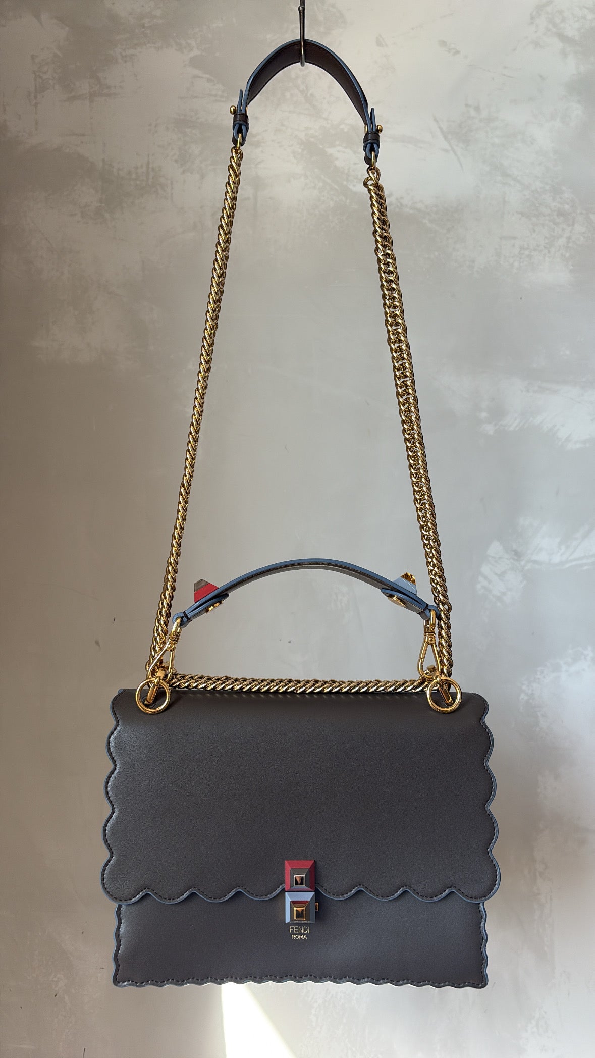 Fendi Taupe and Blue Scolloped Kan I Shoulder Bag