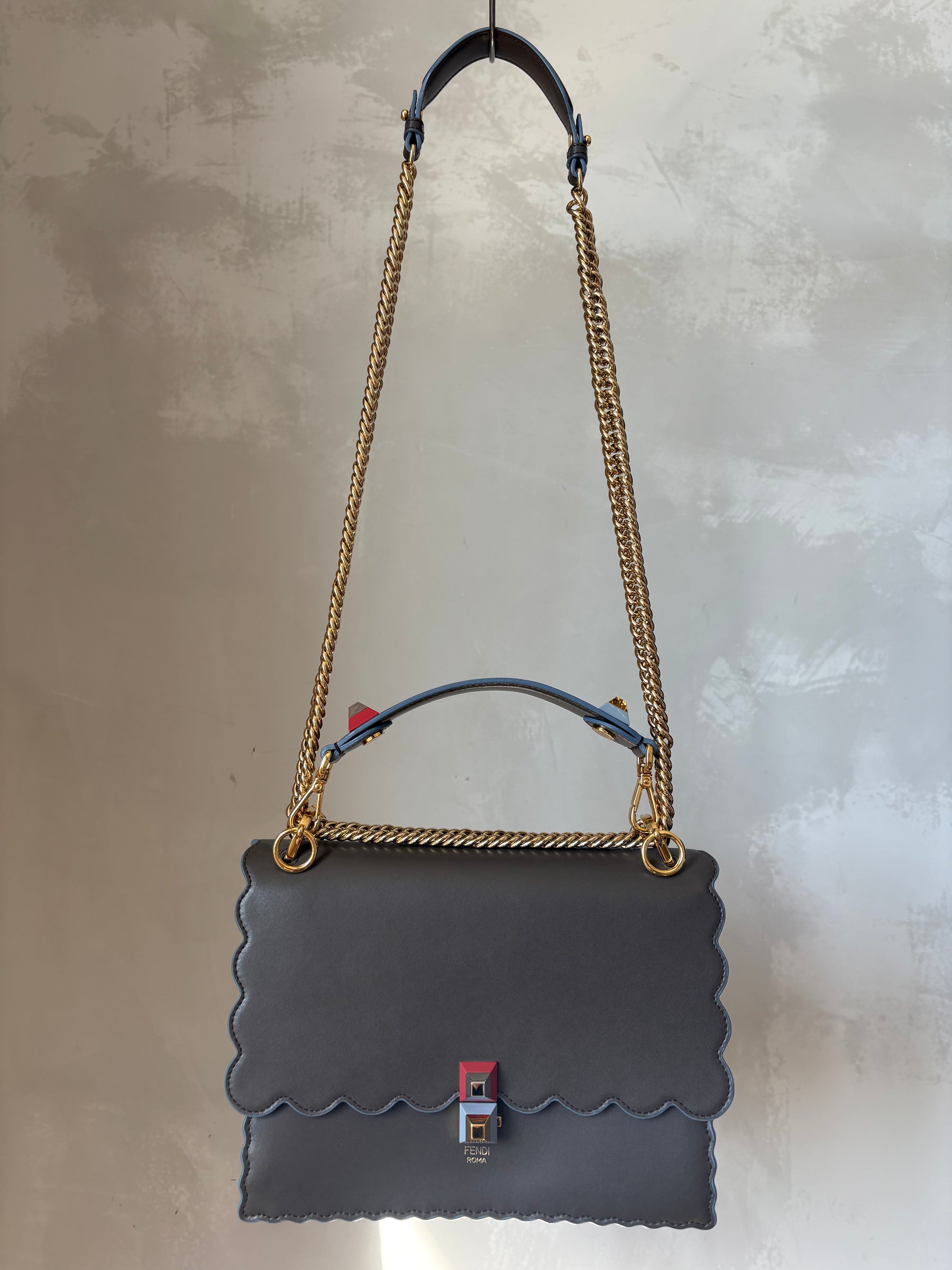 Fendi Taupe and Blue Scolloped Kan I Shoulder Bag