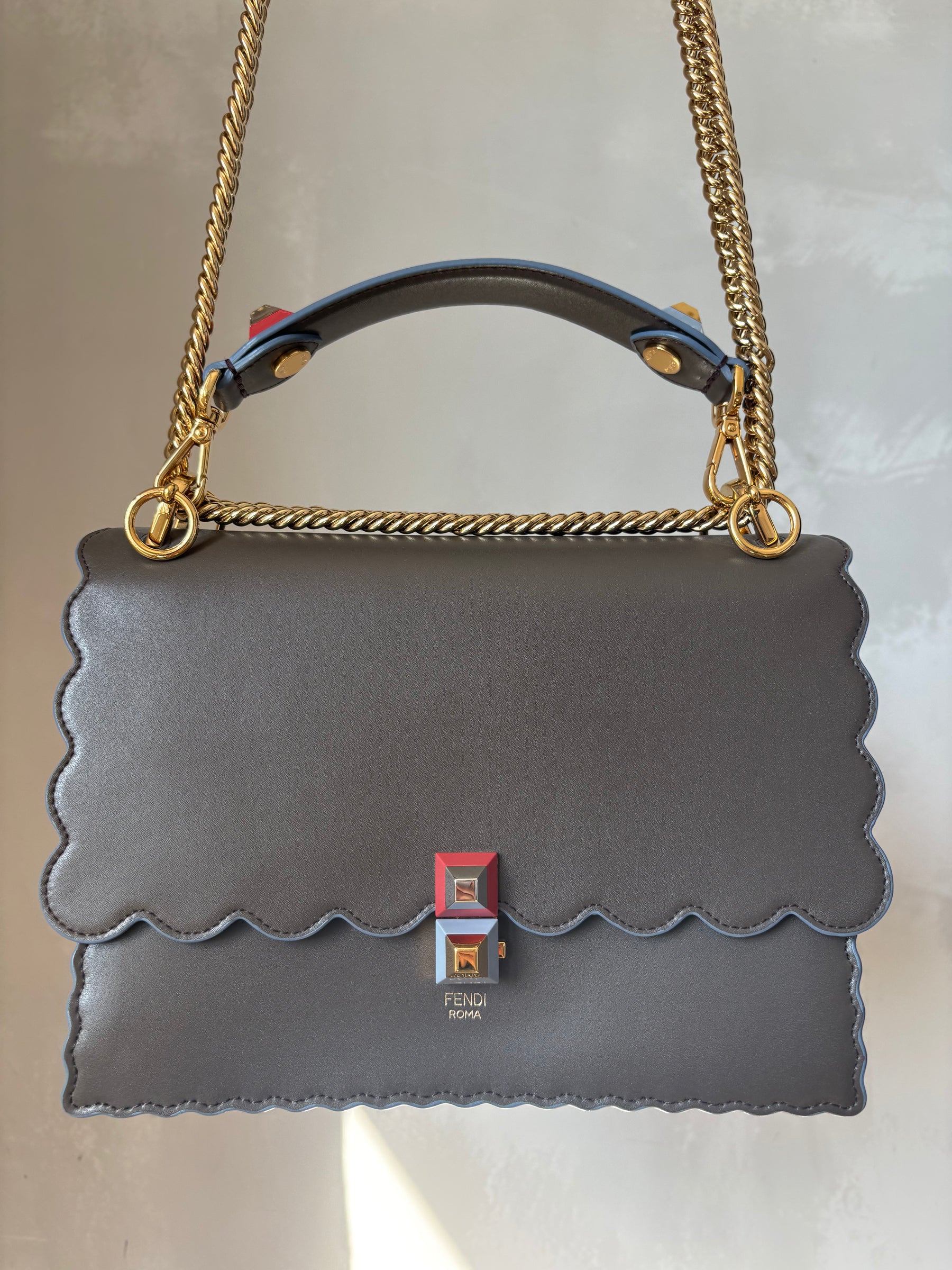 Fendi Taupe and Blue Scolloped Kan I Shoulder Bag