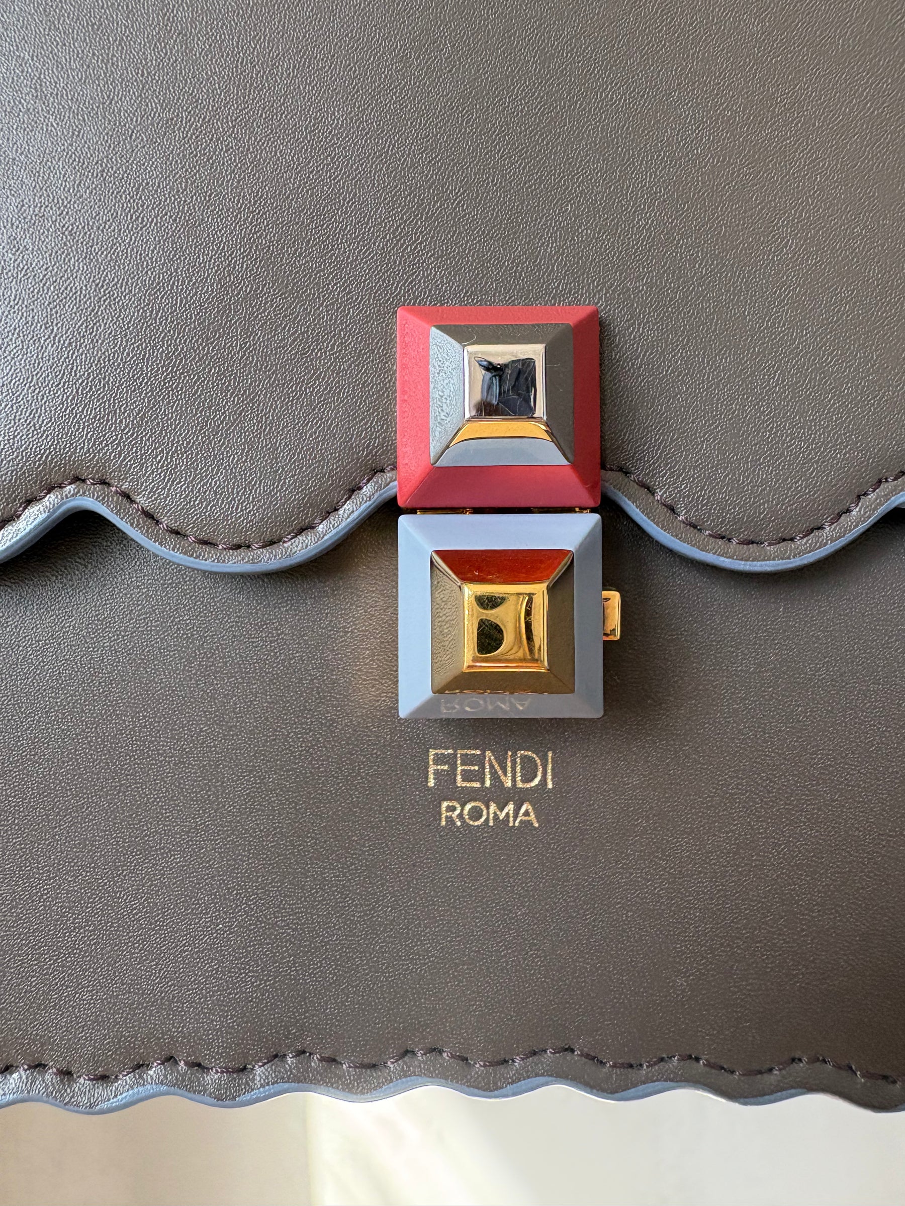 Fendi Taupe and Blue Scolloped Kan I Shoulder Bag
