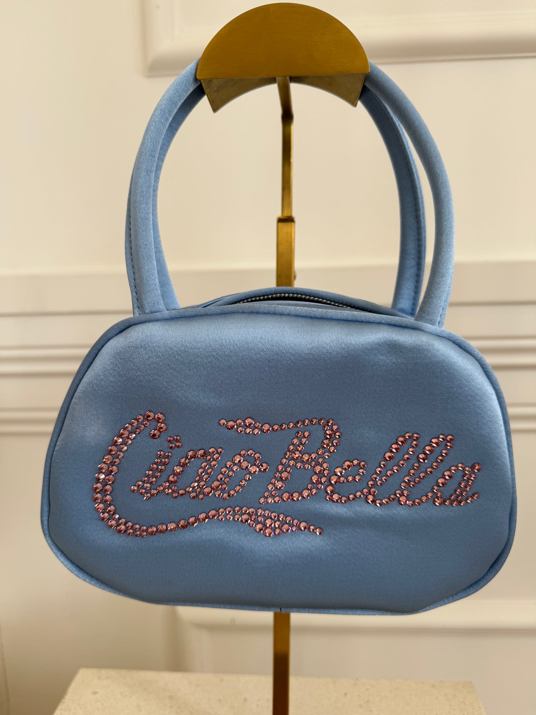 Amina Muaddi Blue Satin 'Ciao Bella' Mini Top Handle Bag