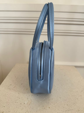 Amina Muaddi Blue Satin 'Ciao Bella' Mini Top Handle Bag