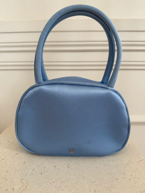 Amina Muaddi Blue Satin 'Ciao Bella' Mini Top Handle Bag