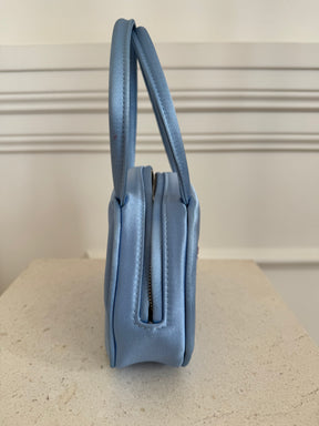 Amina Muaddi Blue Satin 'Ciao Bella' Mini Top Handle Bag