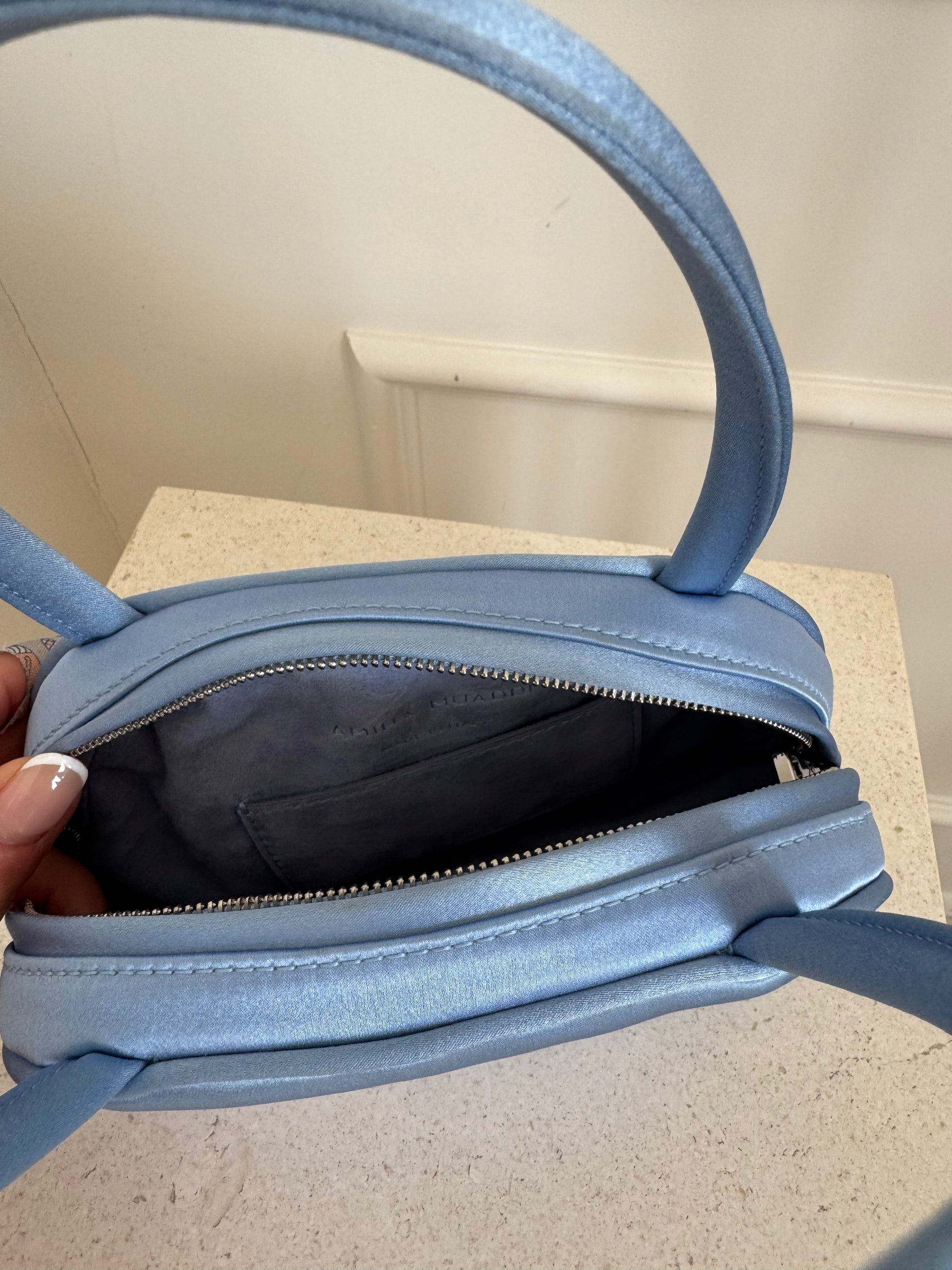 Amina Muaddi Blue Satin 'Ciao Bella' Mini Top Handle Bag