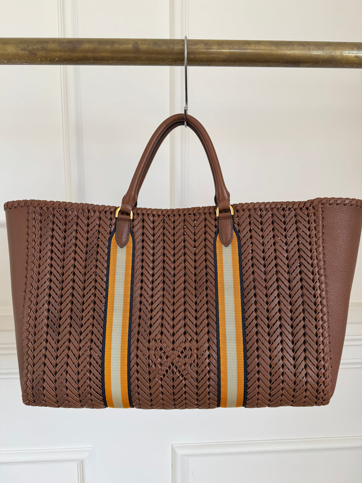 Anya Hindmarch Tan Woven Leather Tote with with Yellow Stripe