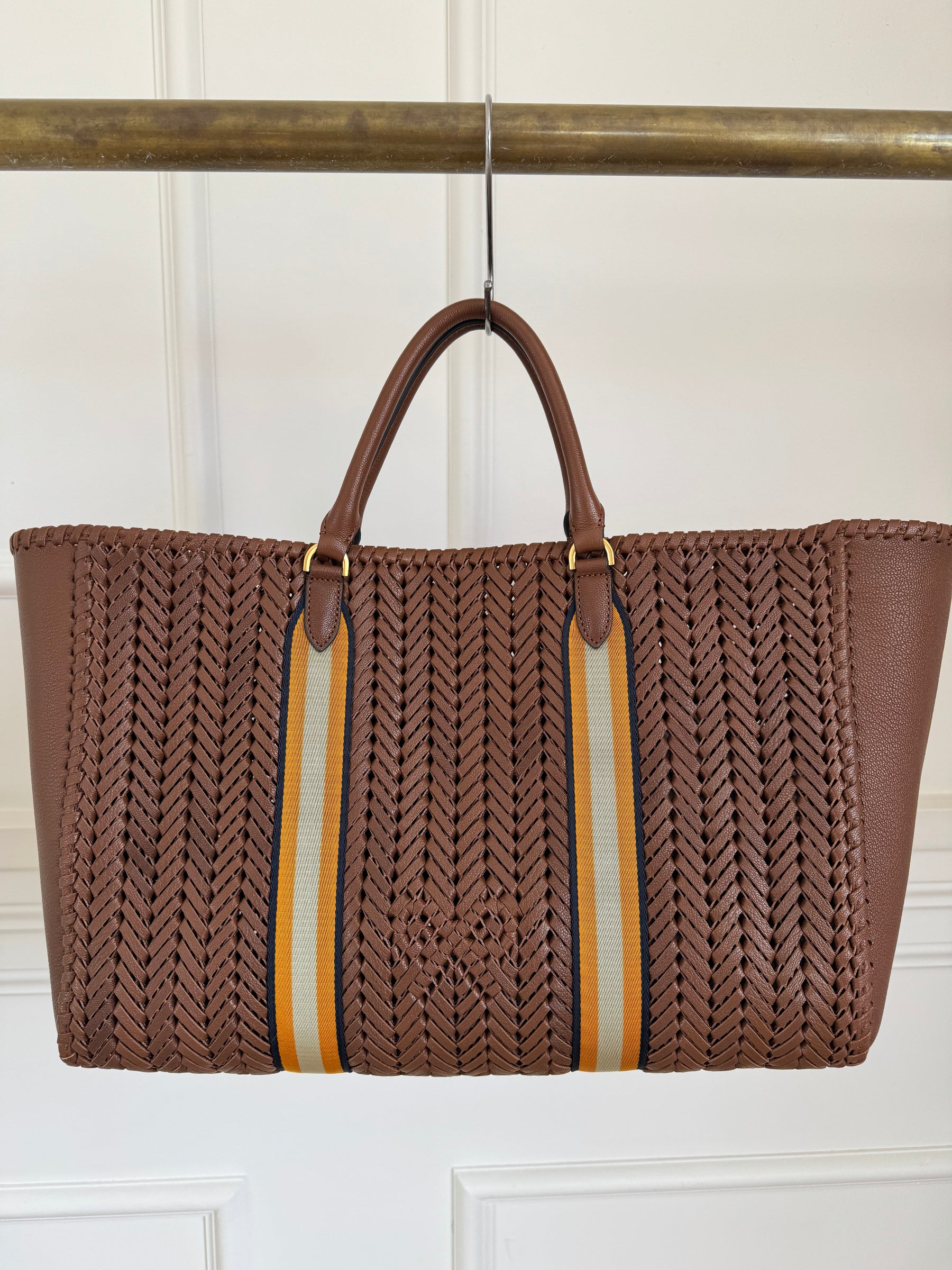 Anya Hindmarch Tan Woven Leather Tote with with Yellow Stripe