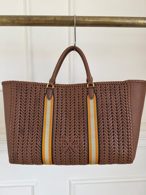Anya Hindmarch Tan Woven Leather Tote with with Yellow Stripe