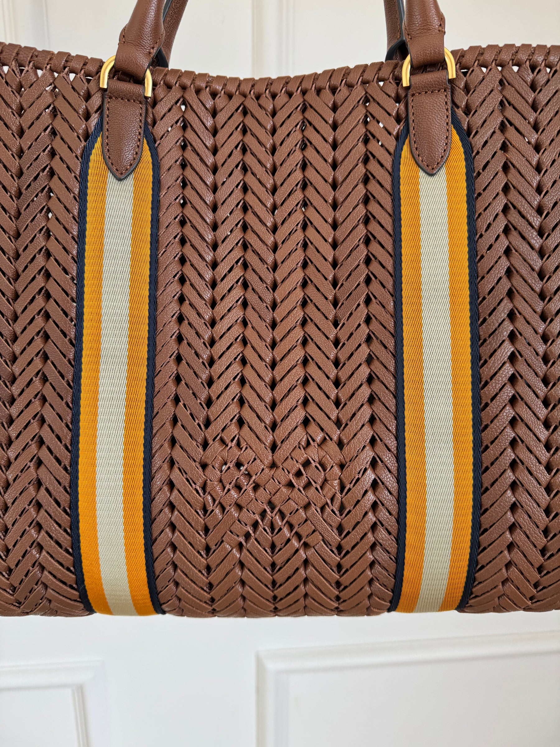 Anya Hindmarch Tan Woven Leather Tote with with Yellow Stripe