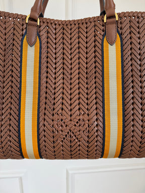 Anya Hindmarch Tan Woven Leather Tote with with Yellow Stripe
