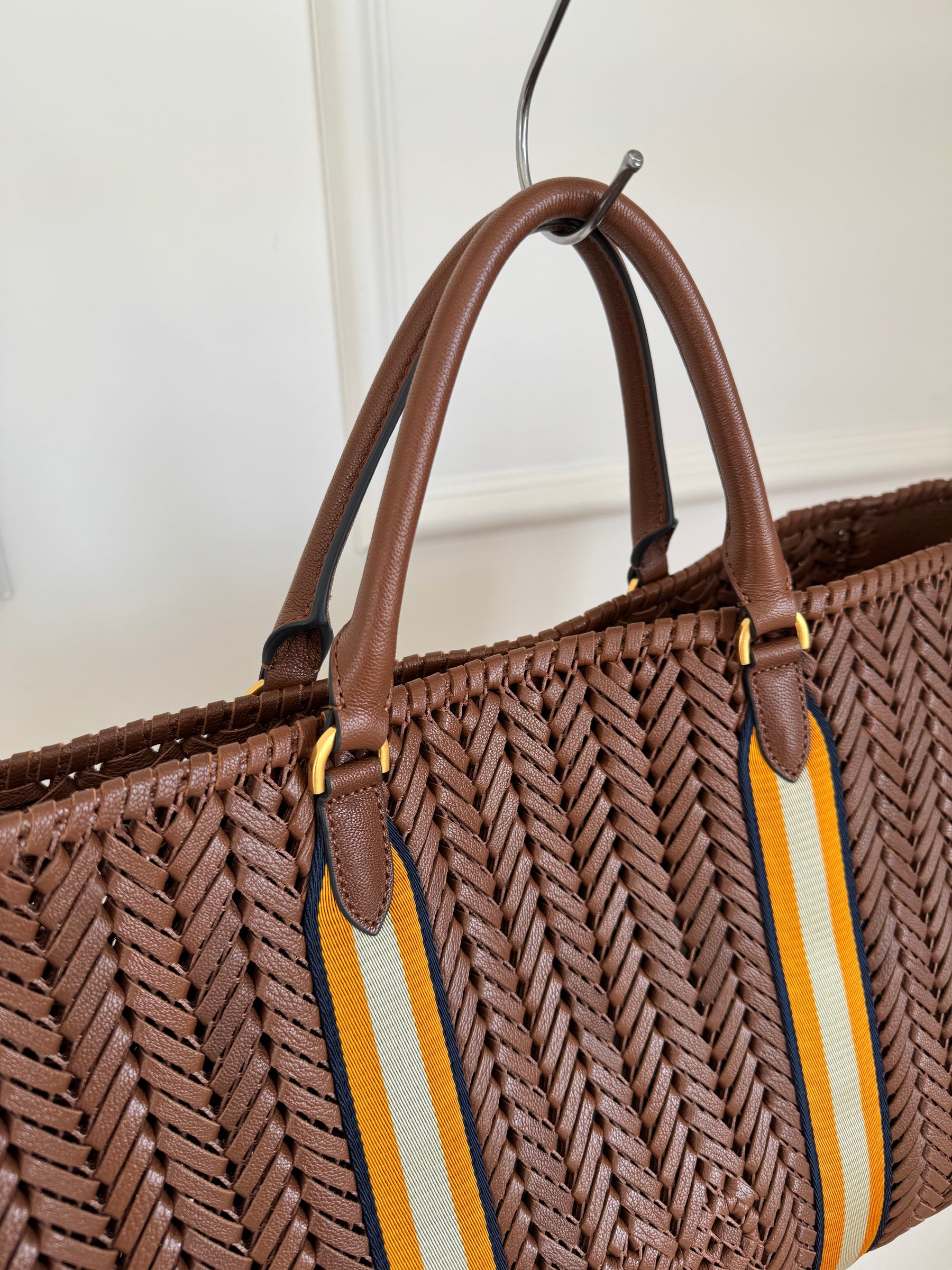 Anya Hindmarch Tan Woven Leather Tote with with Yellow Stripe