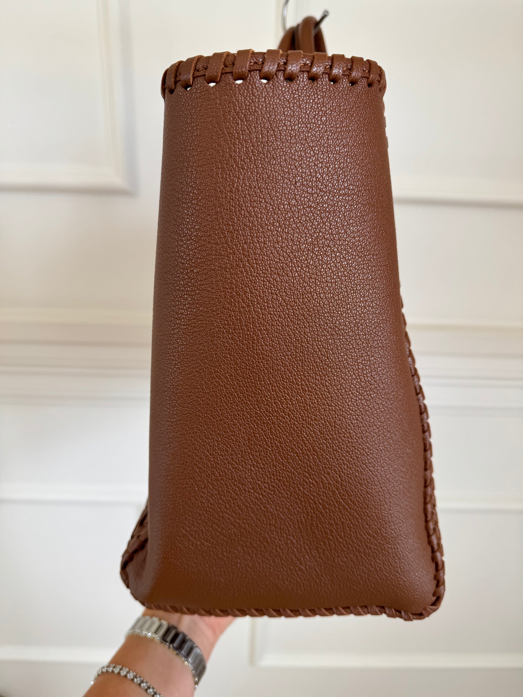 Anya Hindmarch Tan Woven Leather Tote with with Yellow Stripe