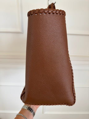 Anya Hindmarch Tan Woven Leather Tote with with Yellow Stripe