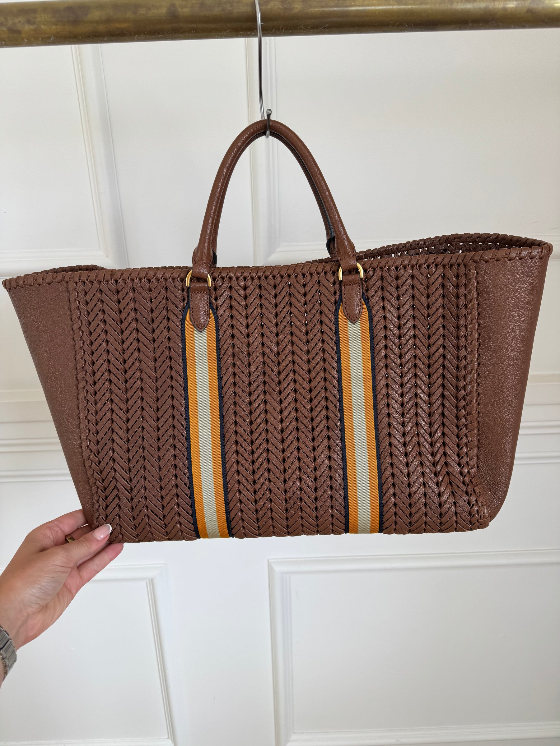 Anya Hindmarch Tan Woven Leather Tote with with Yellow Stripe