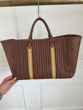 Anya Hindmarch Tan Woven Leather Tote with with Yellow Stripe