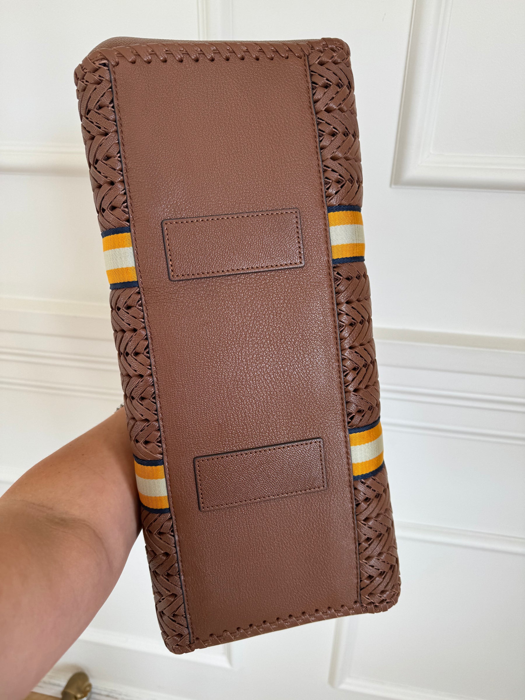 Anya Hindmarch Tan Woven Leather Tote with with Yellow Stripe