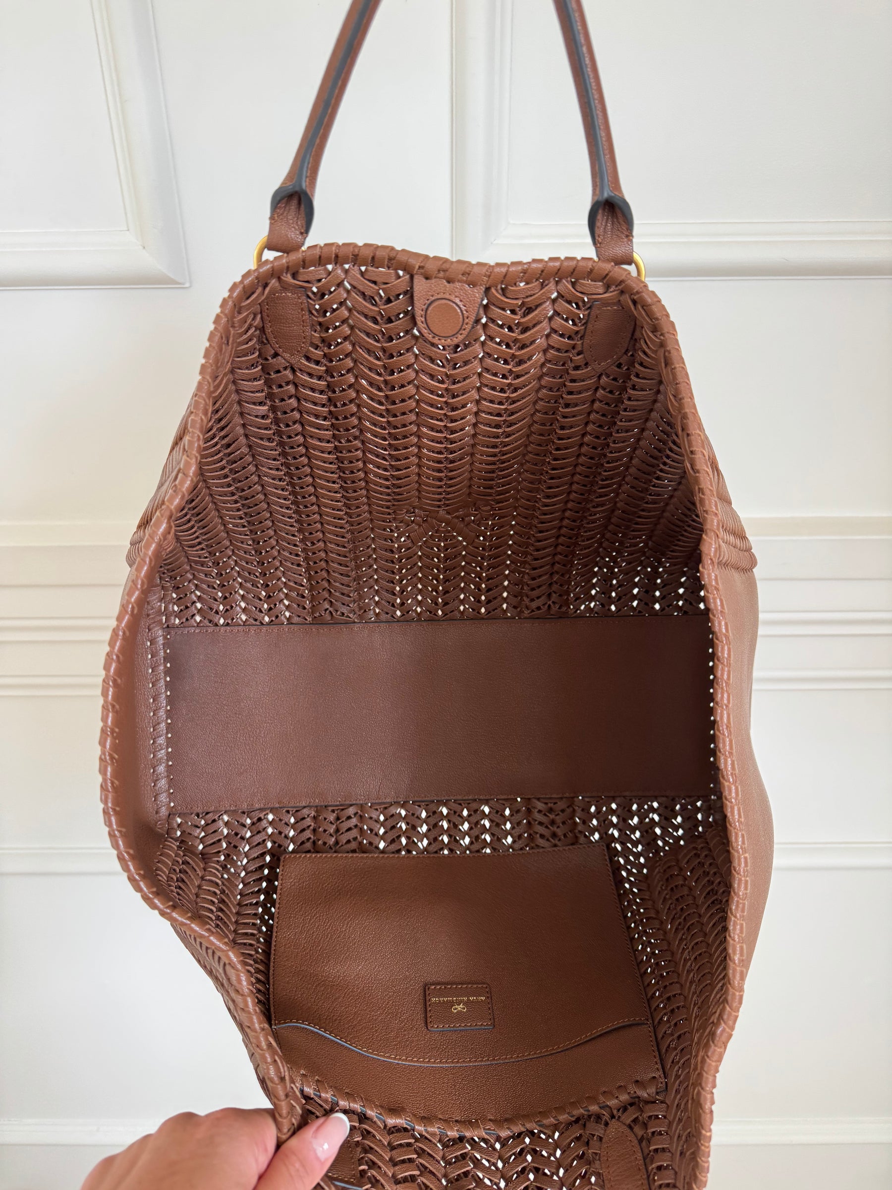 Anya Hindmarch Tan Woven Leather Tote with with Yellow Stripe