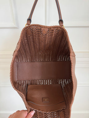 Anya Hindmarch Tan Woven Leather Tote with with Yellow Stripe