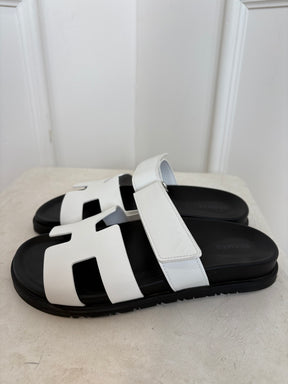 Hermès White Leather Chypre Sandals, 38
