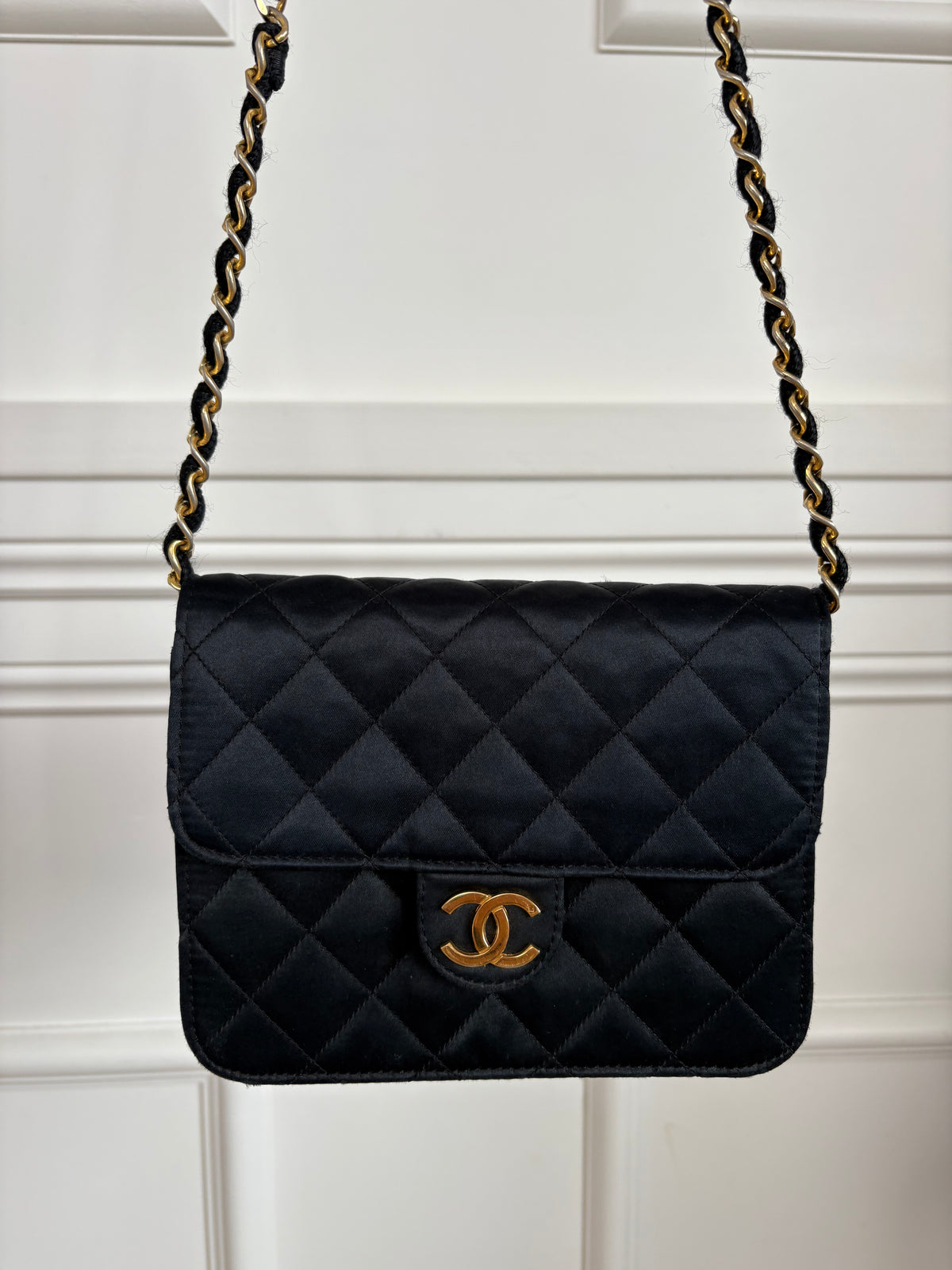 Chanel Black Satin Mini Flap Bag with Gold Hardware