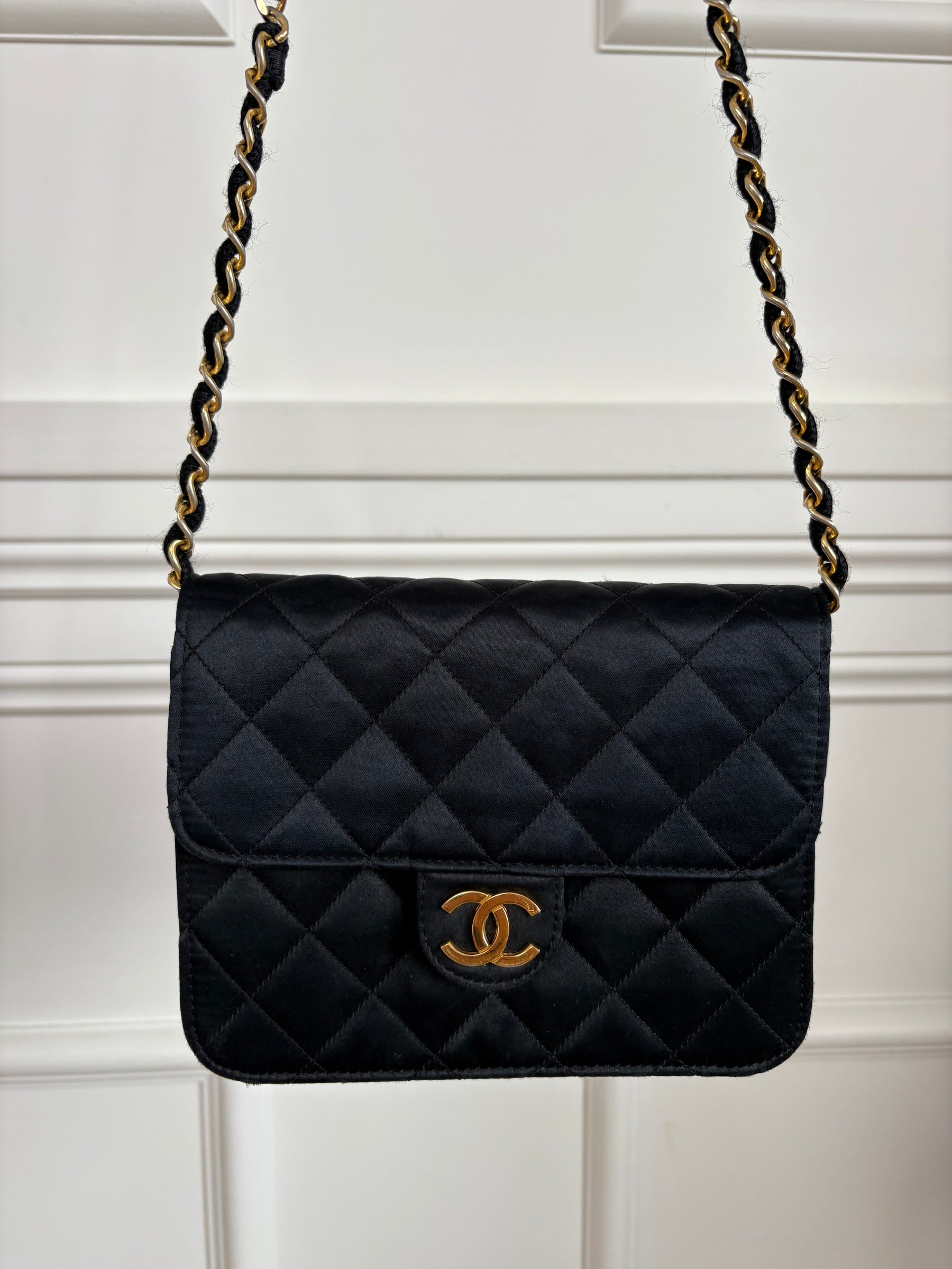 Chanel Black Satin Mini Flap Bag with Gold Hardware