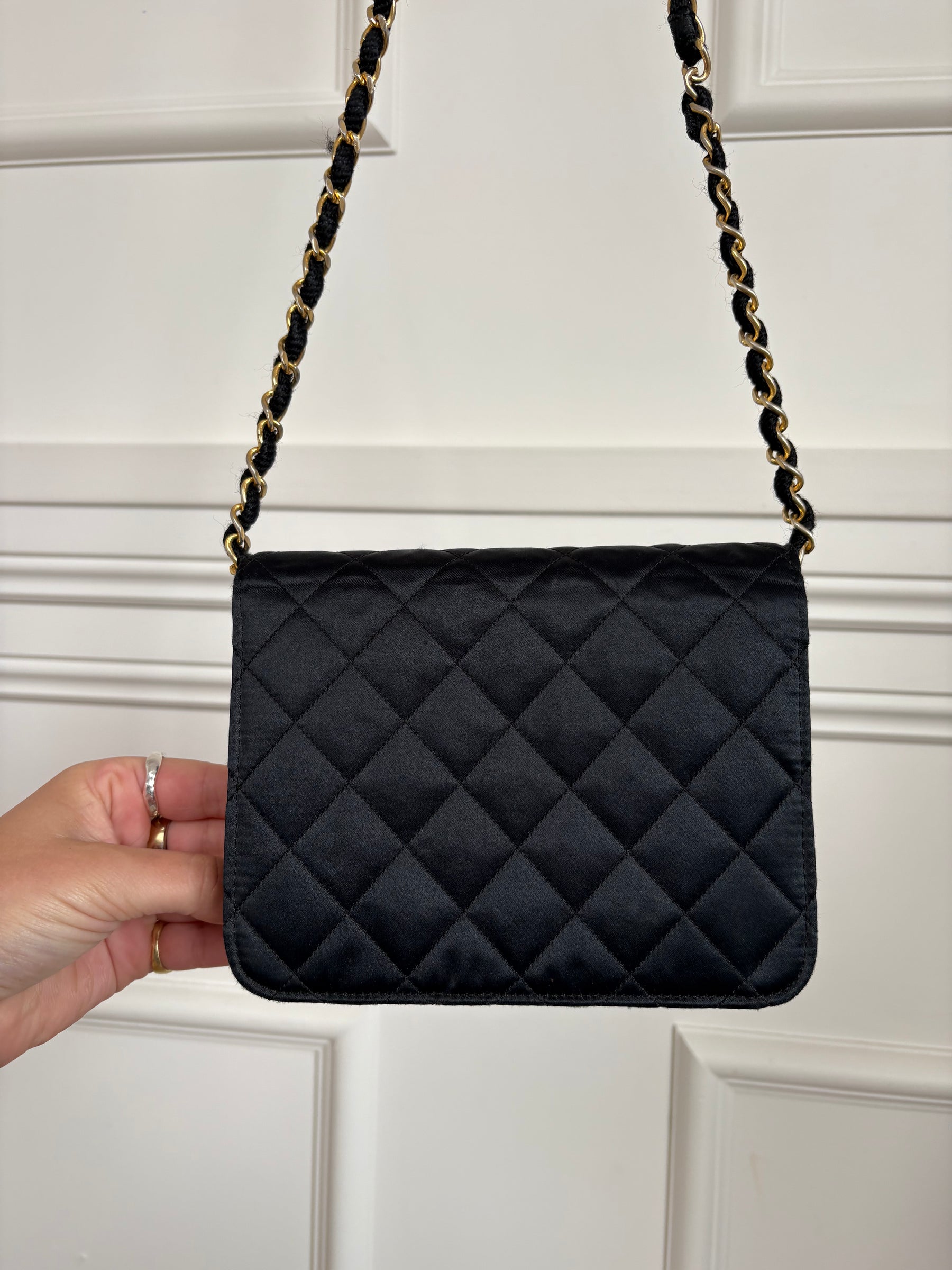 Chanel Black Satin Mini Flap Bag with Gold Hardware