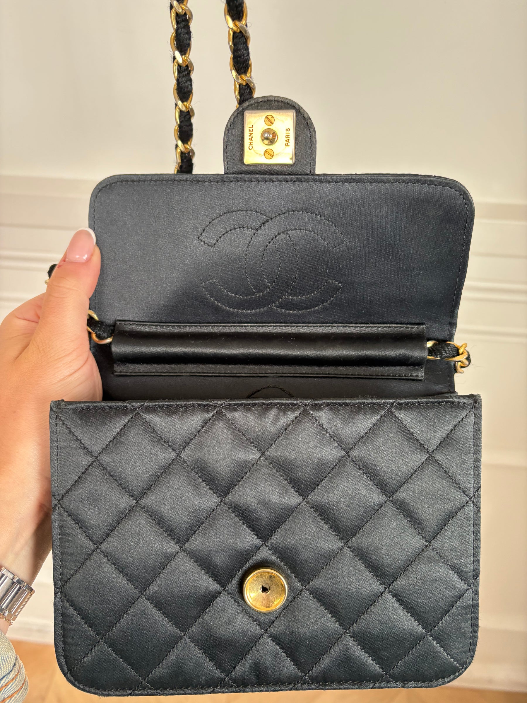 Chanel Black Satin Mini Flap Bag with Gold Hardware